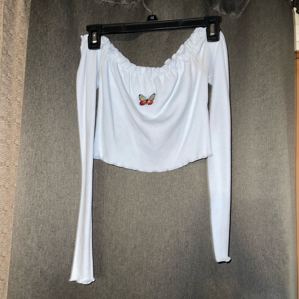 Butterfly crop top shirt blue long sleeve